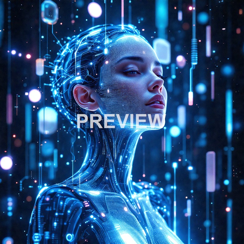 A futuristic digital portrait of a woman with glowing blue circuits integrated into her face and neck, surrounded by floating digital elements and light streaks.